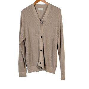 Everlane Waffle Knit Cardigan Sweater Beige Button Front Long Sleeve v neck prep